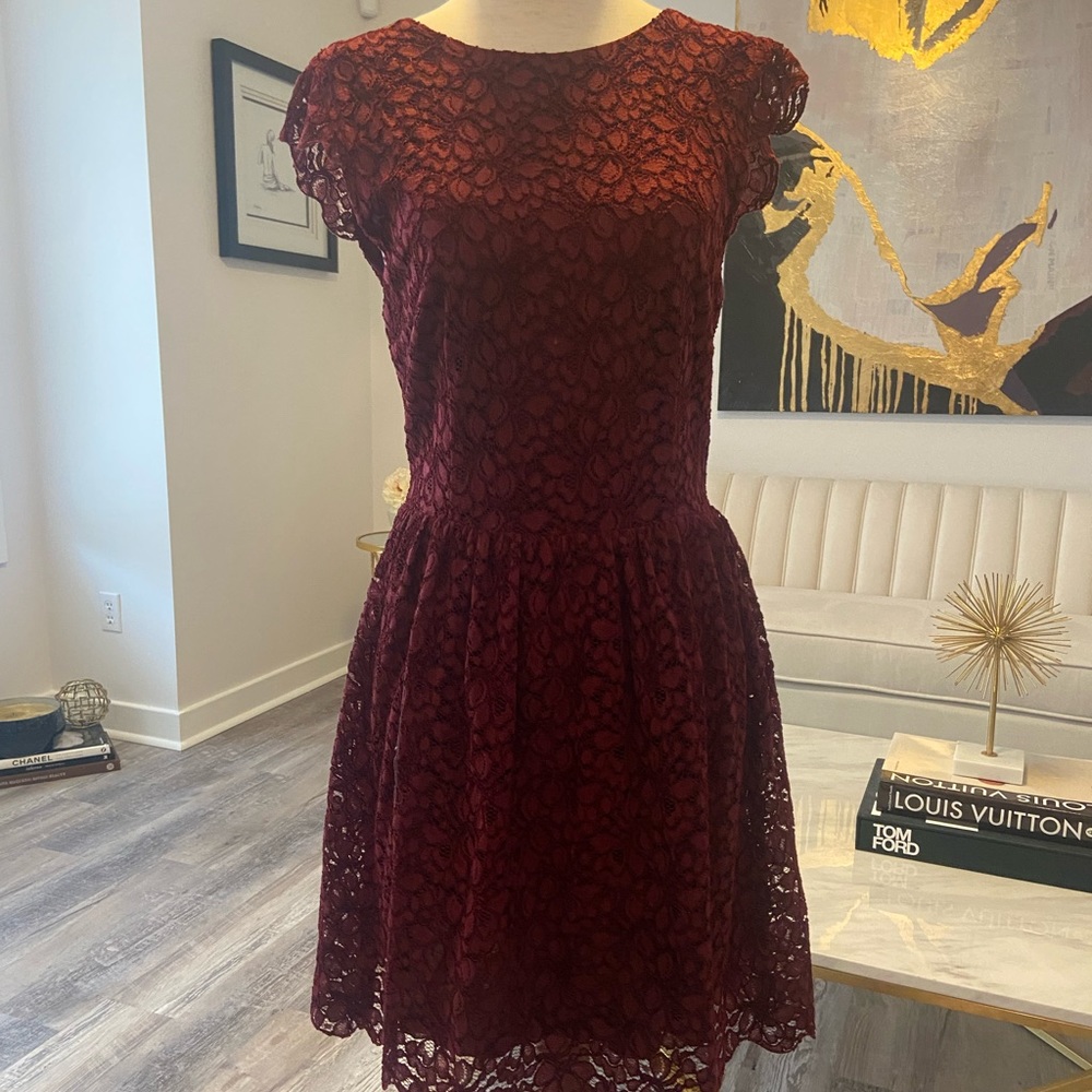 Burgundy lace cap sleeve dress